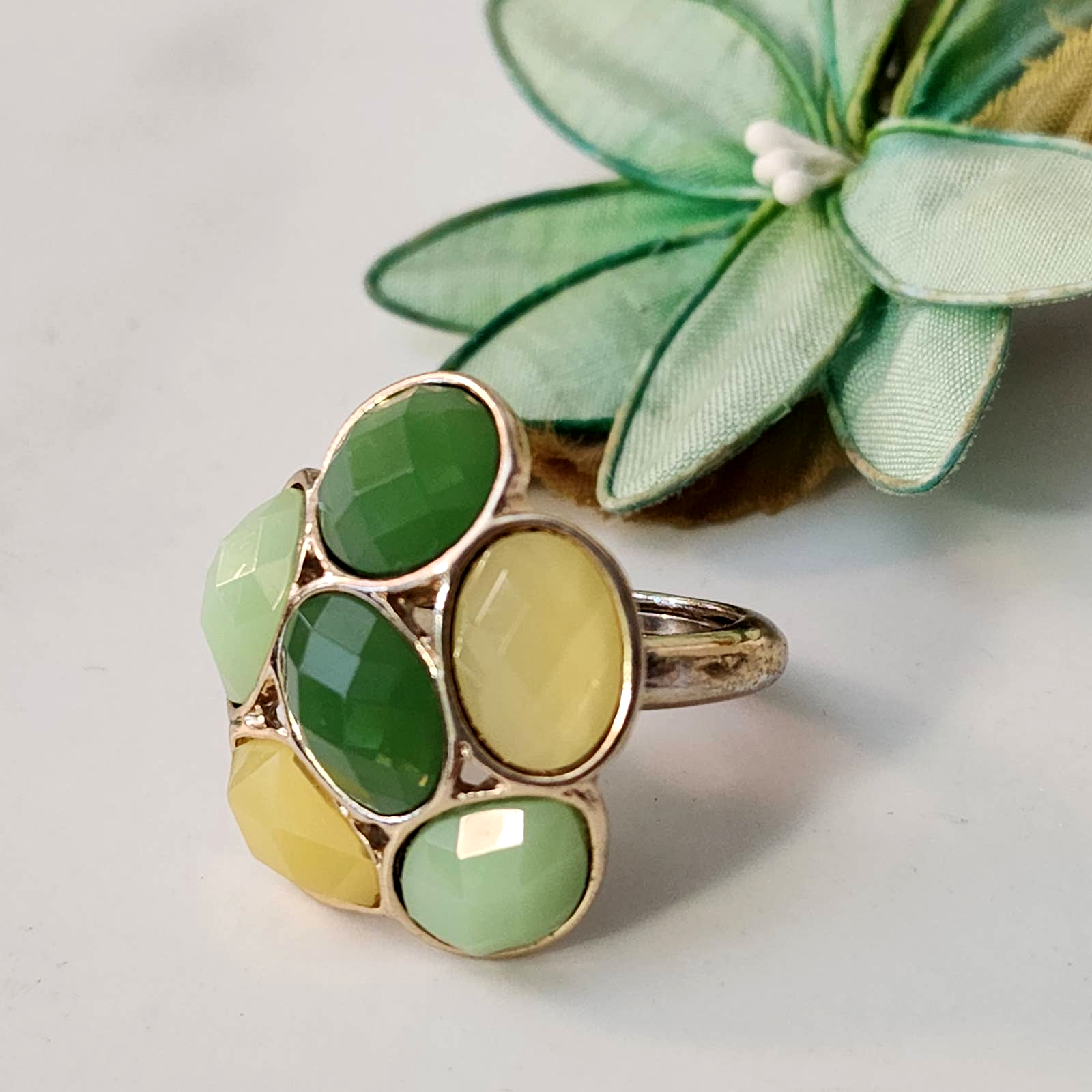 Designer Yellow & Green Multi-Faceted Gemstone Cluster Flower Ring 7-9 (Insert)